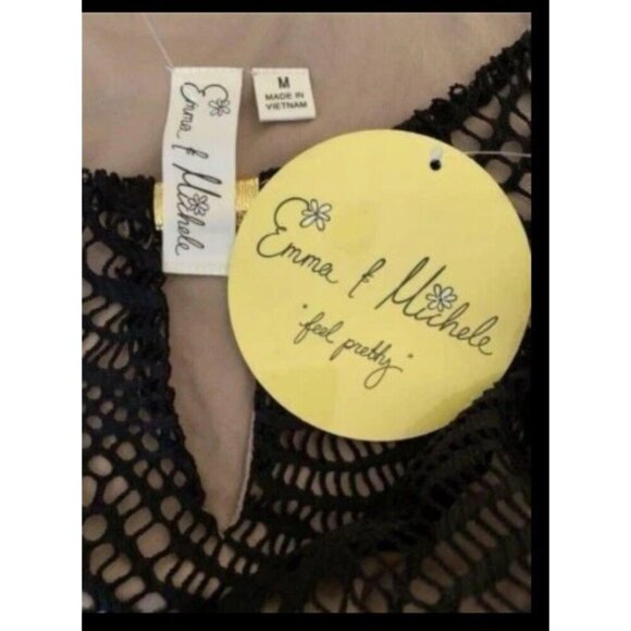 Emma & Michele M Black Openwork Nude Lined Fringe Hemline 3/4 Sleeve Knee Dress - Picture 6 of 6